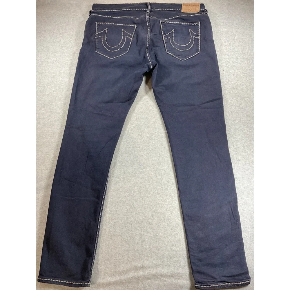 True Religion Geno Relaxed Slim Jeans Navy Blue Contrast Stitch Mens 38 1757